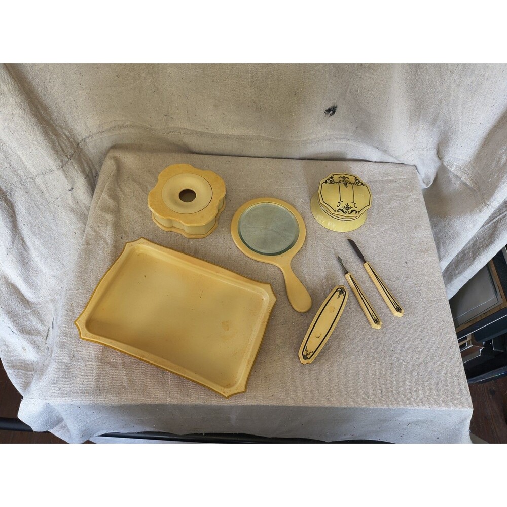 Vintage Women's Ivory Celluloid Vanity Set W/ Tray, Mirror, Powder Box, Etc